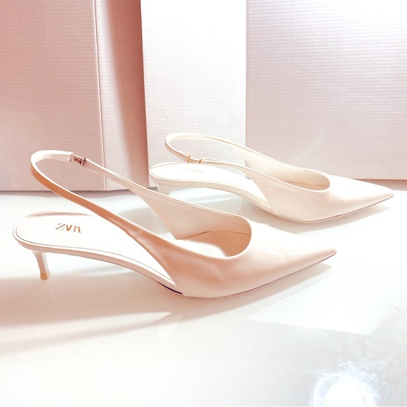 Zara White Slingback low Heels Pointed Toe Faux Patent leather EU40 US9M - Picture 4 of 11